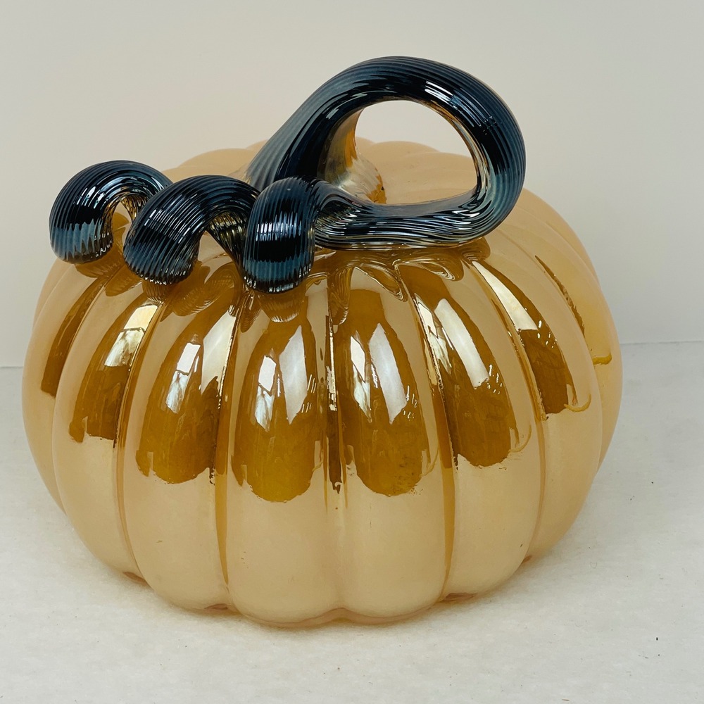 Amber Iridescent Glass Pumpkin Figurine with Blue Twisted Stem Fall Decor 5in